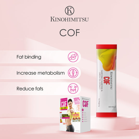 Kinohimitsu COF Detox & Fat Burn Drink product display with features. Packaging includes Garcinia Cambogia and Green Tea Extract, promoting fat binding, metabolism increase, and fat reduction.
