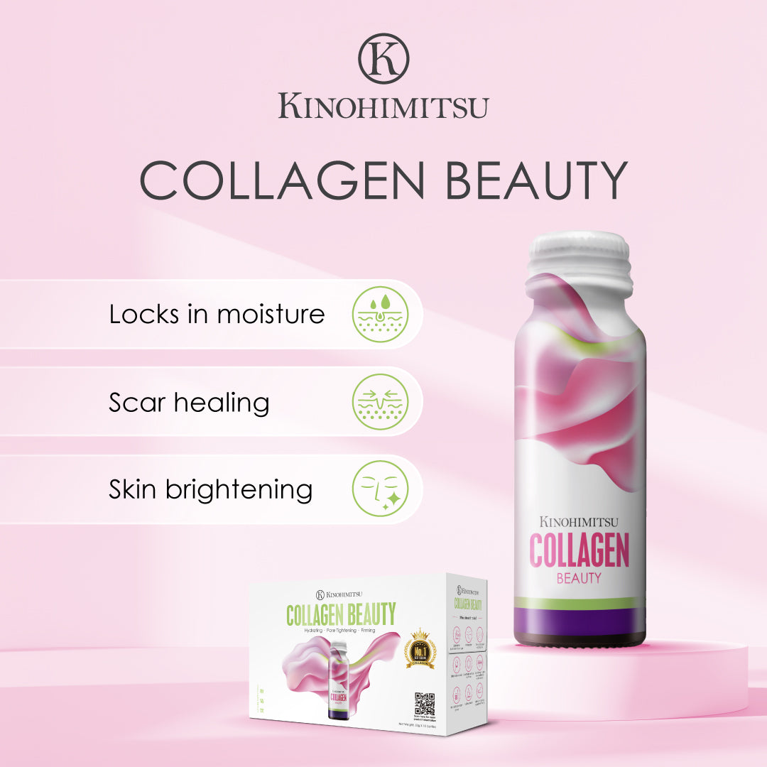 Kinohimitsu Collagen Beauty product with a pink-themed design, featuring a bottle and packaging box; highlights benefits such as locking in moisture, scar healing, and skin brightening. Kinohimitsu Collagen Beauty product advertisement featuring a bottle with pink and white design, showcasing benefits such as locking in moisture, scar healing, and skin brightening. A product box is also displayed against a soft pink background. Kinohimitsu Collagen Beauty product with a pink background, displaying a bottle