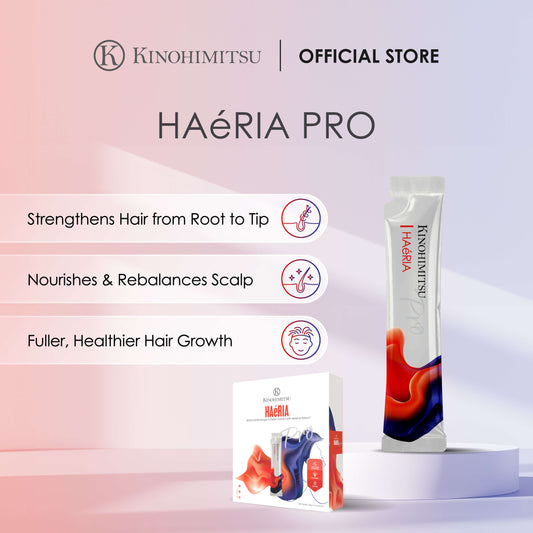 Image of Haéria Pro Hair Growth Supplement packaging. The design includes a stick sachet featuring a red and blue abstract pattern and a box with similar artwork. Text highlights benefits: strengthens hair from root to tip, nourishes and rebalances the scalp, and promotes fuller, healthier hair growth. Branding by Kinohimitsu Official Store is visible. Promotional image for Haéria Pro Hair Growth Supplement by Kinohimitsu, featuring product packaging and benefits such as strengthening hair, nourishing scalp