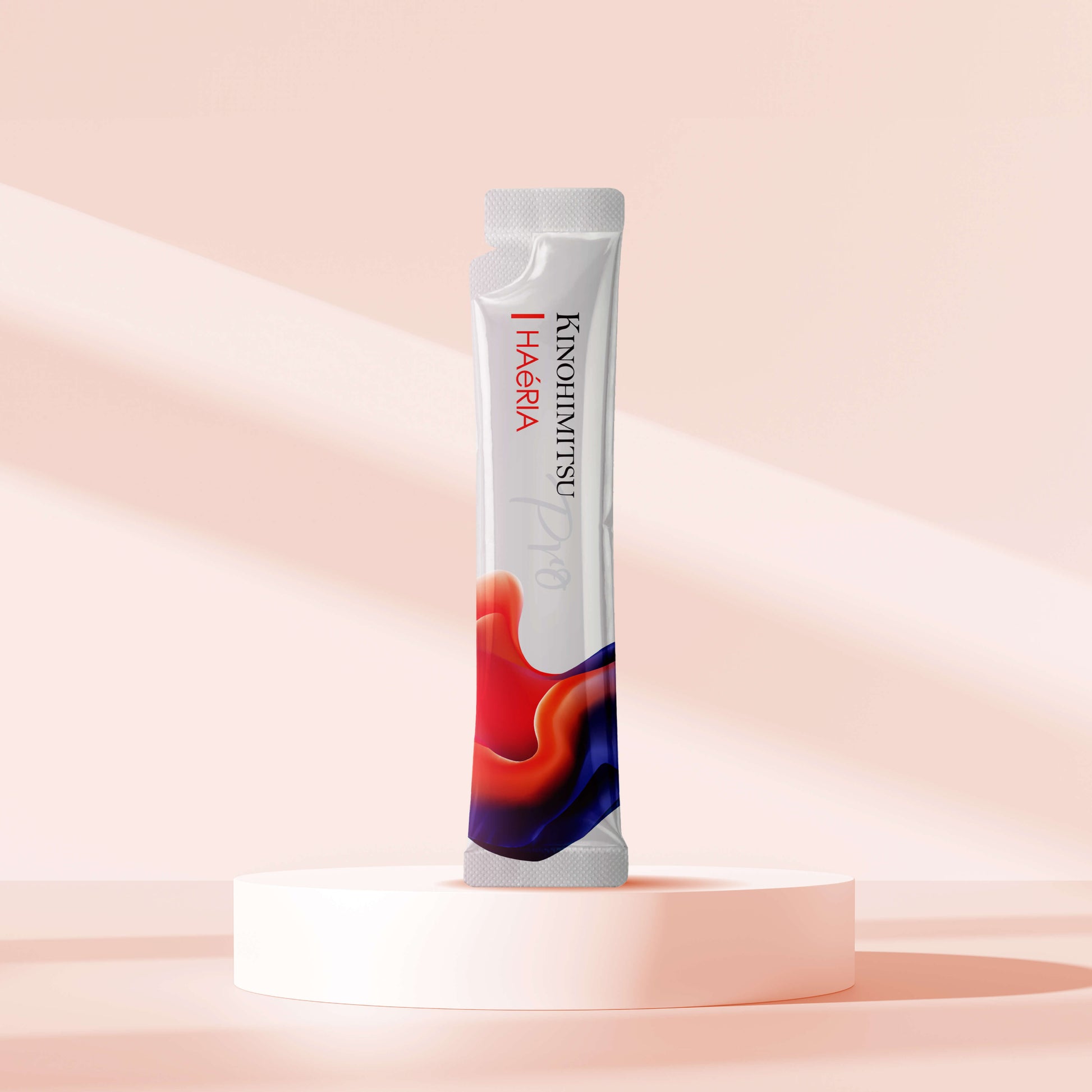 Haéria Pro Hair Growth Supplement sachet displayed on a minimalist podium with a soft pink background, promoting stronger hair. Haéria Pro Hair Growth Supplement sachet on a white podium against a soft pink background, designed to promote stronger hair. Image of a Haéria Pro Hair Growth Supplement sachet, designed for stronger hair, positioned elegantly on a minimalist round pedestal against a soft pink background.