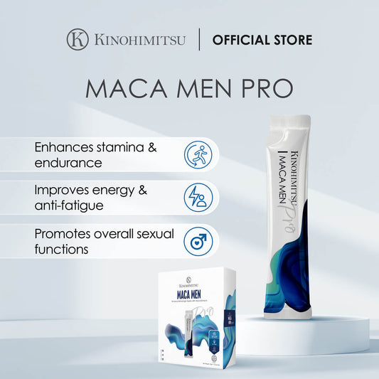 Kinohimitsu Maca Men Pro packaging, highlighting benefits such as enhanced stamina, improved energy, and support for sexual functions. Features a new and improved formula. Image of Kinohimitsu Maca Men Pro packaging, highlighting benefits such as enhancing stamina and endurance, improving energy and reducing fatigue, and promoting sexual functions. Features a new and improved formula with two packs shown. Kinohimitsu Maca Men Pro supplement packaging. Highlights include enhancing stamina and endurance