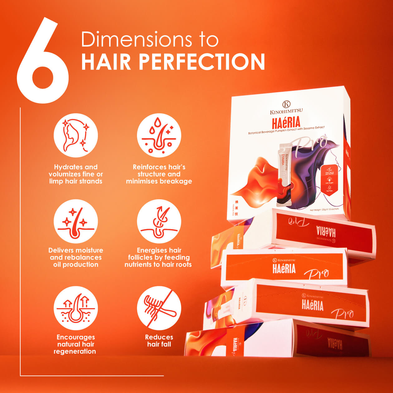 Haeria Pro hair supplement benefits shown as six dimensions of hair perfection including hydration, volume, structure reinforcement, hair follicle nourishment, natural regeneration, and reduced hair fall.