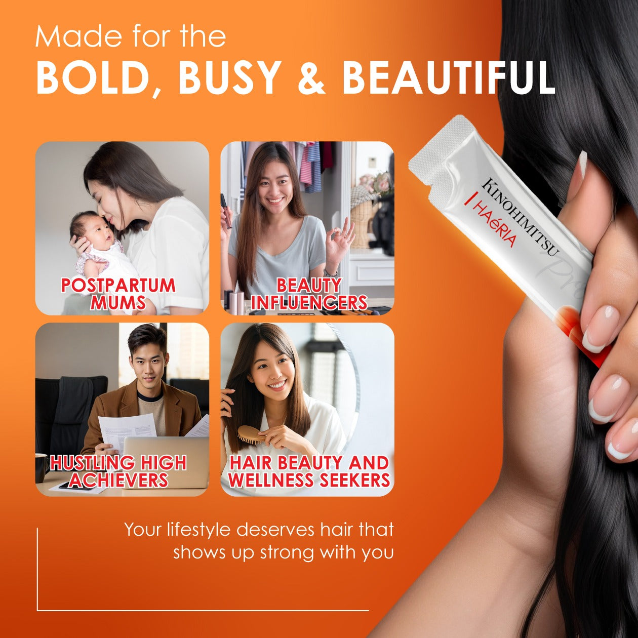 Haeria Pro best hair supplement for postpartum mums, beauty influencers, busy professionals, and wellness seekers who want strong healthy hair and scalp support.