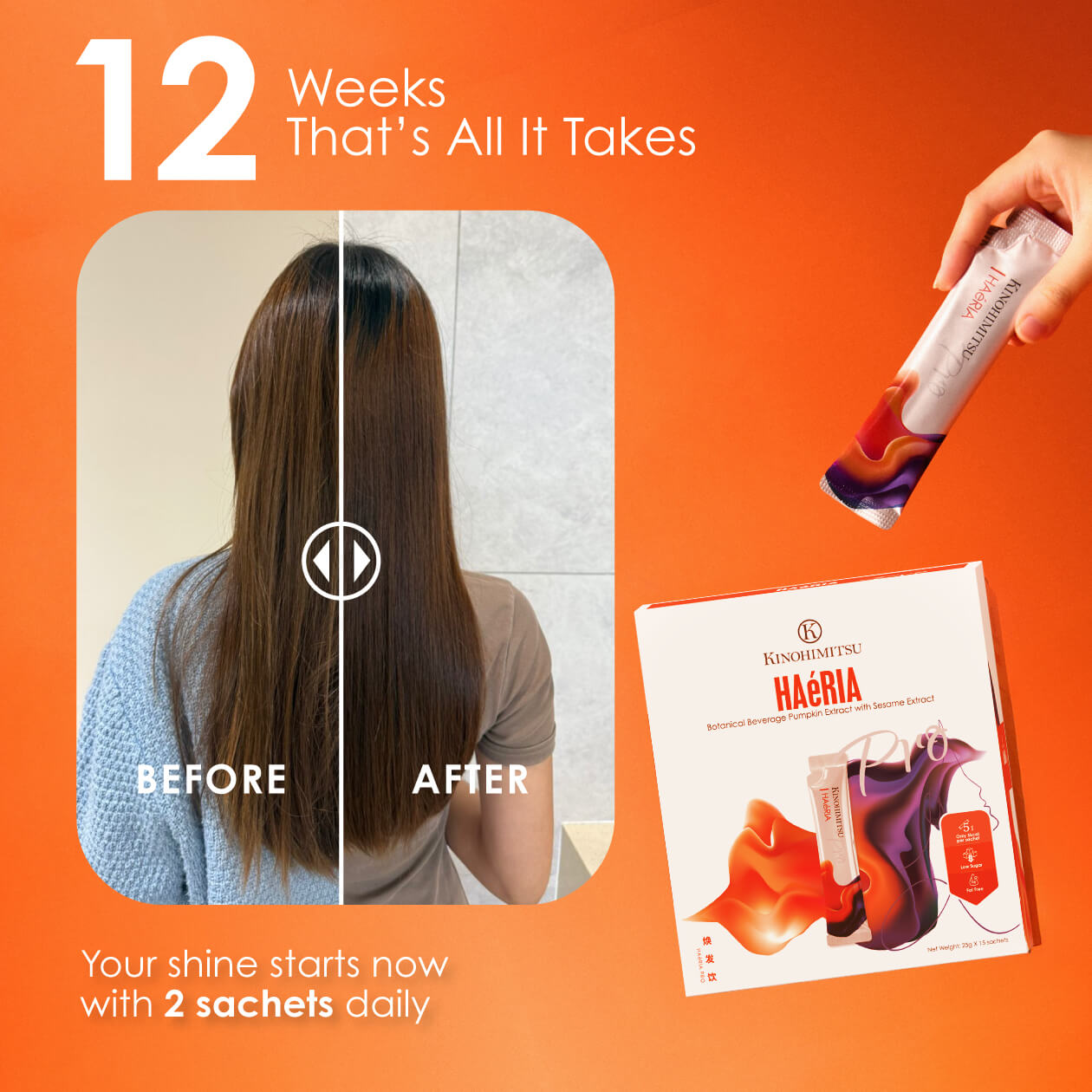 Haeria Pro drinkable hair supplement before and after 12 weeks results, showing improved shine, stronger hair strands, reduced hair fall with two sachets daily.