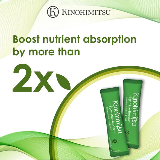 Kinohimitsu Bio-Booster sachets with probiotics and prebiotics to boost nutrient absorption by more than two times for better gut and immune health.