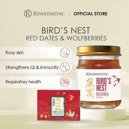 Kinohimitsu Bird's Nest Red Dates & Wolfberries Drink packaging, promoting benefits like rosy skin, strengthened immunity, and respiratory health. Official store product display. Kinohimitsu Bird's Nest Red Dates & Wolfberries Superfruit Drink for Rosy Skin, Immunity, and Respiratory Health. Image shows the product jar and packaging, highlighting benefits like skin improvement, Qi strengthening, and respiratory well-being.