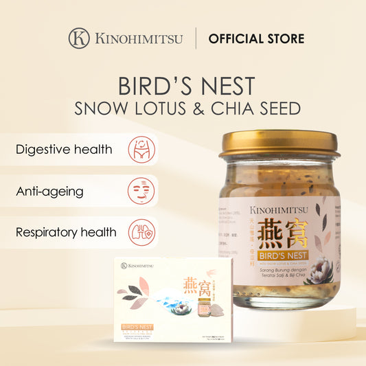 Kinohimitsu Bird's Nest jar with Snow Lotus and Chia Seeds, promoting digestive health, anti-aging, and respiratory health. Official store branding visible. Product packaging on display.