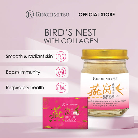 Kinohimitsu Bird's Nest with Collagen product image highlighting benefits such as smooth and radiant skin, boosted immunity, and respiratory health. The image features a glass jar with a yellow lid and a bright pink product box, set against a soft pink background.