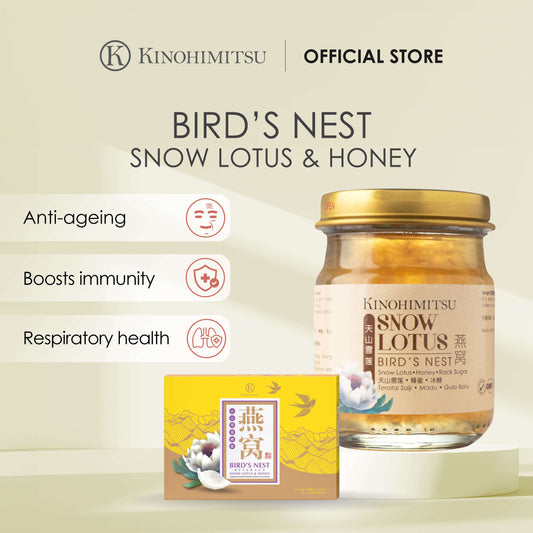 Kinohimitsu Bird's Nest Snow Lotus & Honey product ad featuring a jar with a gold lid and a box with white flowers, highlighting benefits like anti-ageing, boosts immunity, and respiratory health.