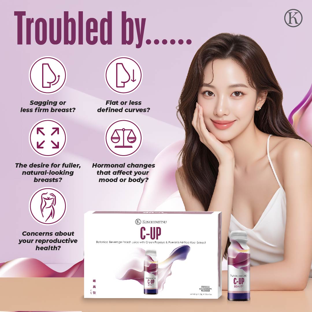 Kinohimitsu C-Up awareness visual highlighting women’s concerns such as sagging breasts, hormonal imbalance and desire for natural lift and firmness.