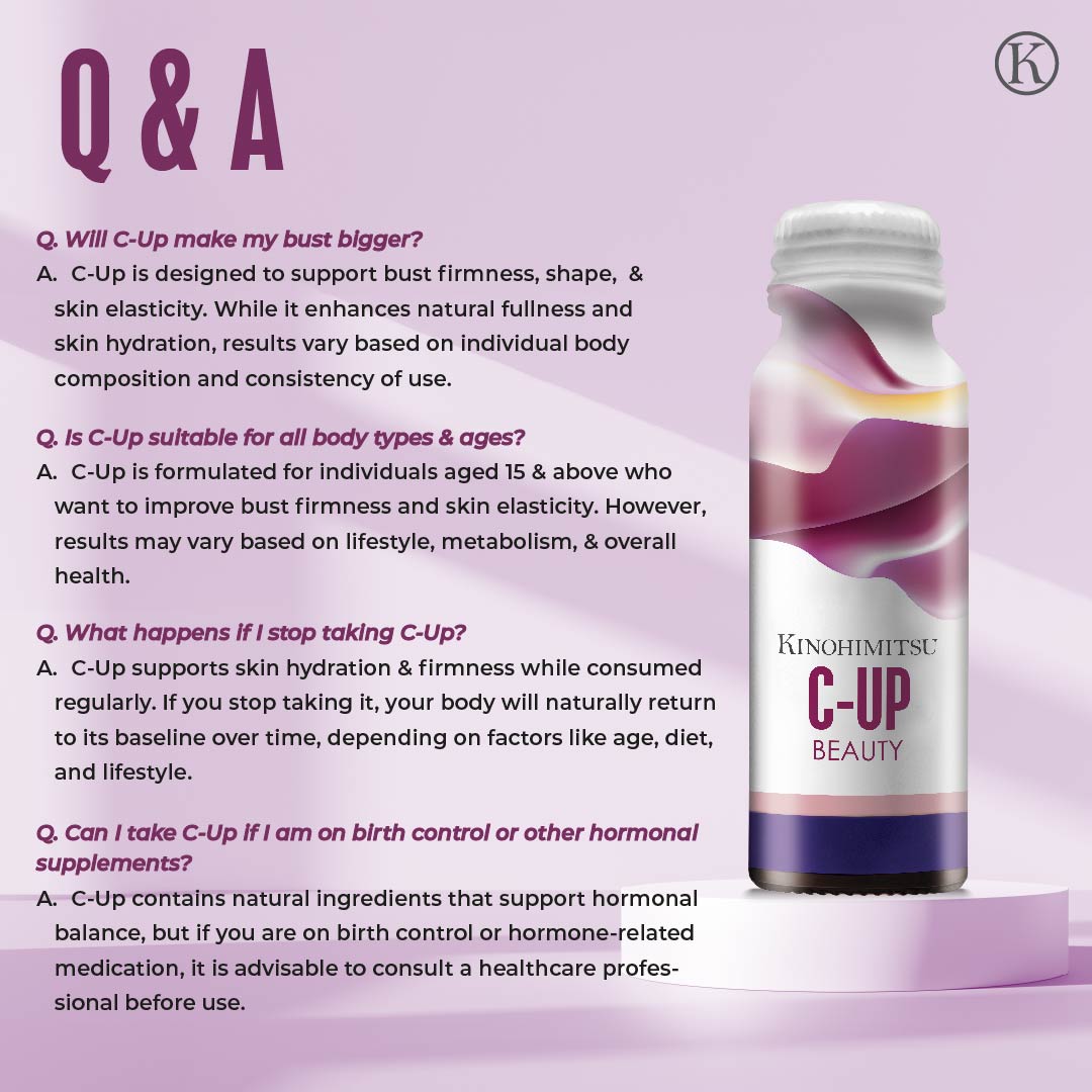 Kinohimitsu C-Up breast firming supplement Q&A visual explaining how this peach flavour drink supports bust enhancement, skin elasticity and feminine wellness.