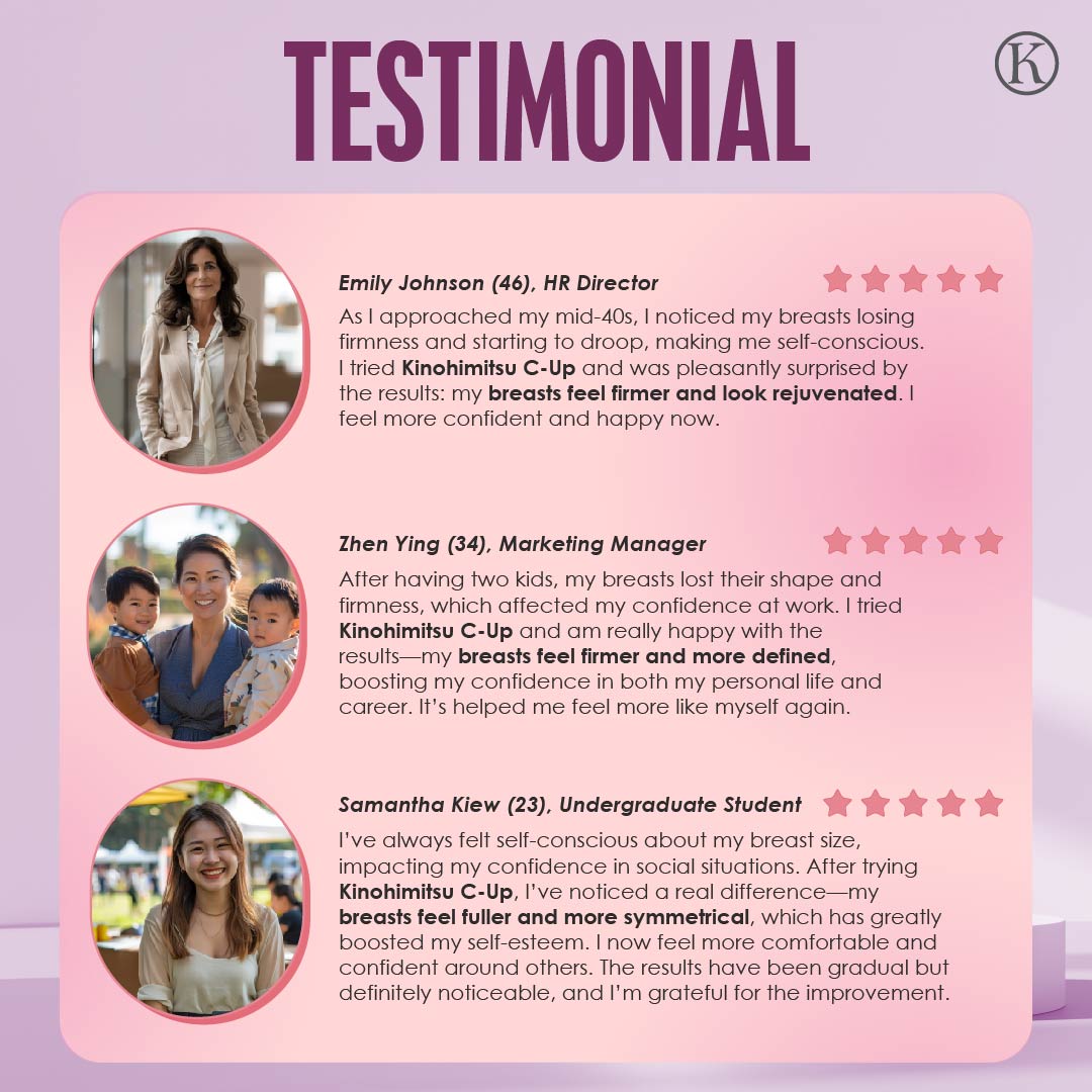 Customer reviews for Kinohimitsu C-Up showing real testimonials from women who experienced firmer, fuller and lifted bust with improved skin and confidence.