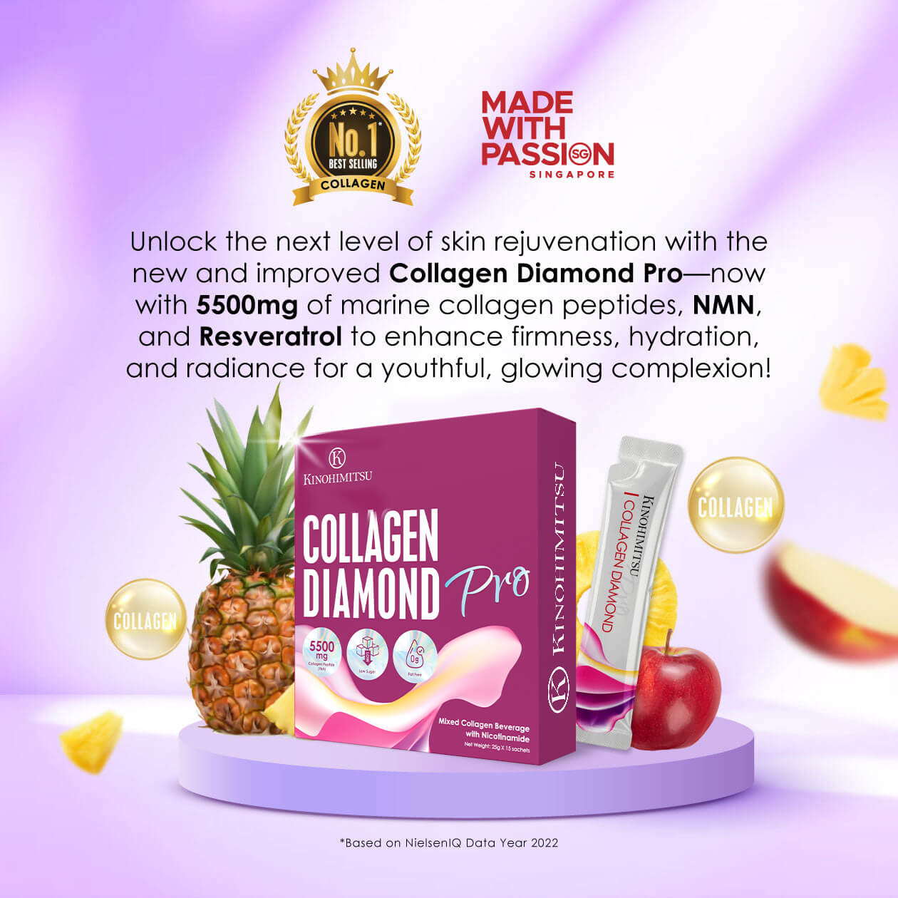 Kinohimitsu Collagen Diamond Pro box with sachets, marine collagen, NMN and resveratrol for firm, radiant and hydrated skin.
