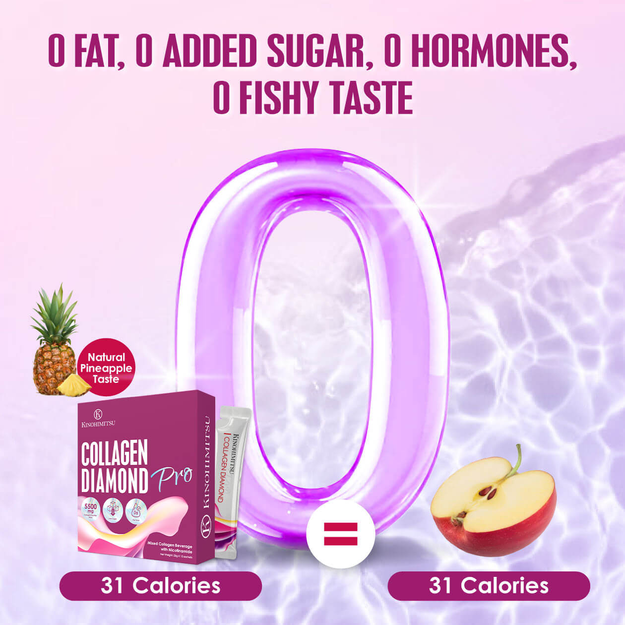 Collagen Diamond Pro zero fat, low sugar beauty drink with pineapple and apple flavor, only 31 calories per sachet.