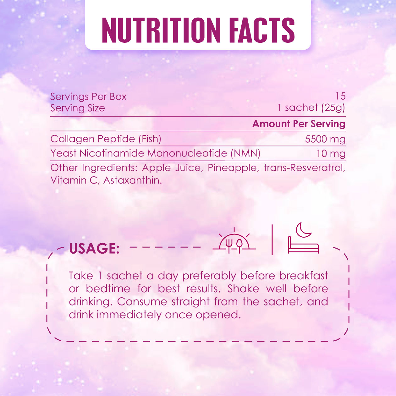 Nutrition facts of Kinohimitsu Collagen Diamond Pro showing 5500mg marine collagen peptides, NMN, vitamin C and resveratrol.