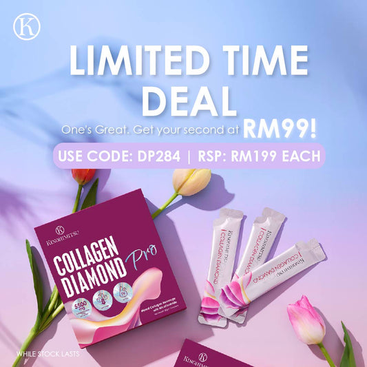 A pastel-themed promotional flat lay featuring Kinohimitsu Collagen Diamond Pro box and sachets surrounded by tulip flowers. The image highlights a limited-time deal offering a second box at RM99 with code DP284. Collagen Diamond Pro contains nano collagen peptides to improve skin firmness, hydration, and elasticity for a youthful glow.
