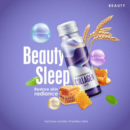 Kinohimitsu Collagen Nite promotional image. Features a purple bottle labeled 'Collagen Nite' surrounded by graphic elements such as wheat, honeycomb, and text highlighting 'Beauty Sleep' and 'Restore Skin Radiance'. Keywords like 'L-Tryptophan' and 'Lactium' are emphasized, suggesting benefits for beauty and sleep. The background is a calming purple. Each box contains 10 bottles x 50ml.