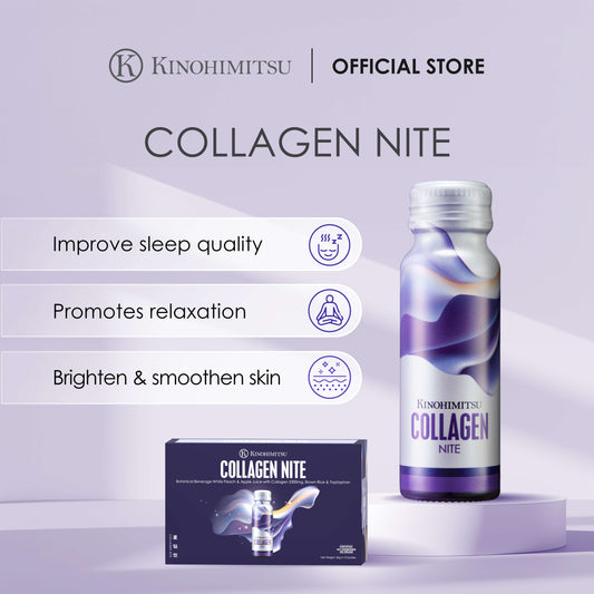 Collagen Nite product from Kinohimitsu Malaysia features a bottle on a pedestal and a box labeled 'Collagen Nite'. Designed to improve sleep quality, promote relaxation, and brighten and smoothen skin. Official store branding included.
