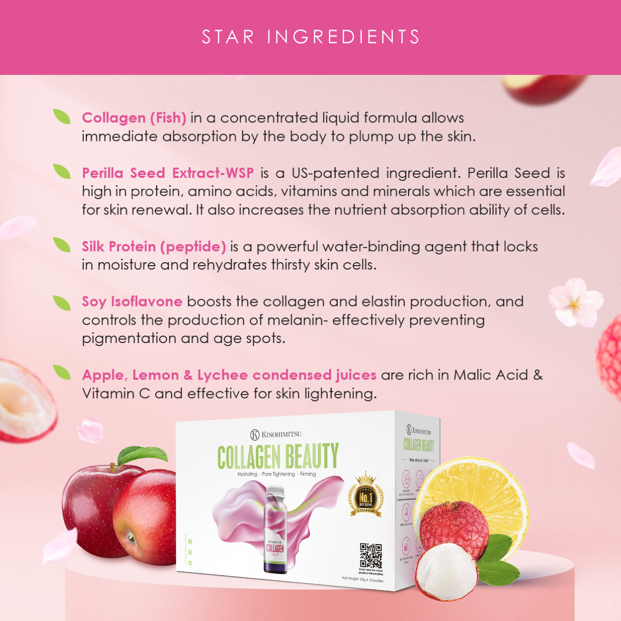 Collagen Beauty product from Kinohimitsu Malaysia featuring star ingredients such as Collagen (Fish), Perilla Seed Extract-WSP, Silk Protein (peptide), Soy Isoflavone, and Apple, Lemon & Lychee condensed juices, highlighted for skin hydration, renewal, and lightening effects. Image showcasing Kinohimitsu Collagen Beauty product with star ingredients list including collagen from fish, perilla seed extract, silk protein peptides, soy isoflavone, and condensed juices from apple, lemon, and lychee.