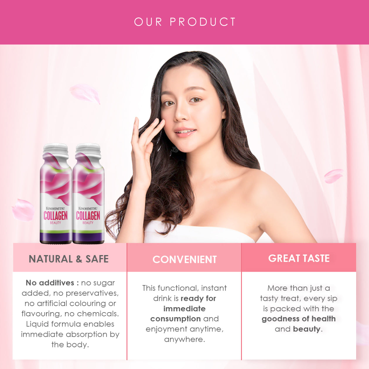 Kinohimitsu Collagen Beauty product advertisement featuring two bottles of the collagen drink and a woman with smooth, glowing skin, highlighting benefits such as being natural, safe, convenient, and great-tasting. Kinohimitsu Collagen Beauty product poster featuring a woman with smooth skin touching her face, promoting natural and safe collagen drinks with no additives, ready for immediate consumption, and boasting great taste for health and beauty benefits. Kinohimitsu Collagen Beauty product advertisemen