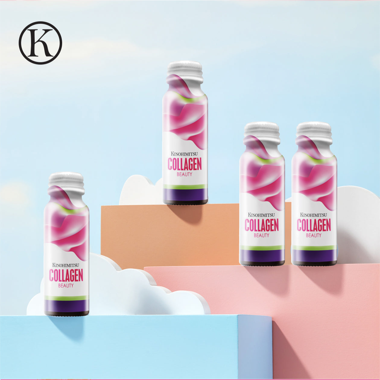 Four bottles of Kinohimitsu Collagen Beauty displayed on colored blocks against a blue sky background, emphasizing skincare and wellness benefits. Four Kinohimitsu Collagen Beauty bottles displayed on pastel colored platforms with a sky background, showcasing beauty and skincare products from Kinohimitsu Malaysia.