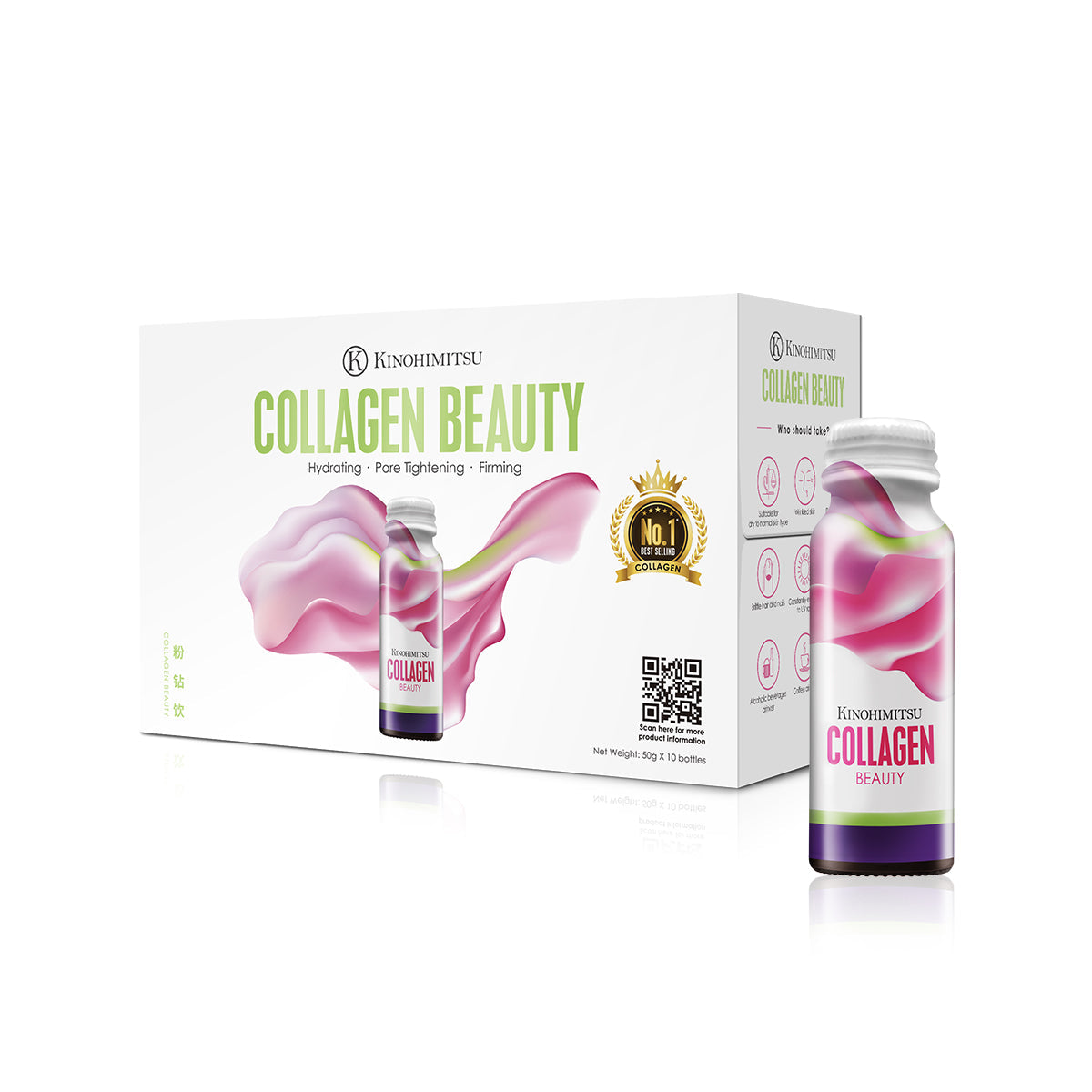 Kinohimitsu Collagen Beauty product packaging, featuring a box and a bottle with pink and green design, highlighting benefits like hydrating, pore tightening, and firming. Kinohimitsu Collagen Beauty product packaging featuring a pink and white design, highlighting its benefits such as hydrating, pore tightening, and firming. The image shows a box and a bottle, with a 'No.1 Best Selling Collagen' badge, emphasizing its popularity and effectiveness in Malaysia.