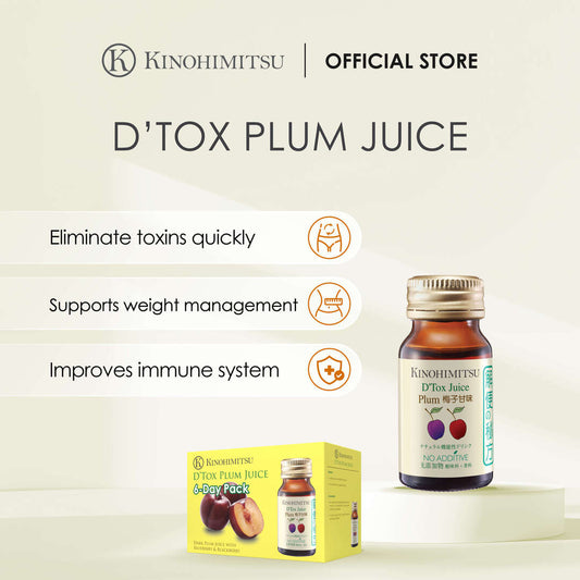 Kinohimitsu D'Tox Plum Juice product display with benefits: eliminate toxins quickly, support weight management, and improve immune system, featuring a bottle and a 6-day pack box.