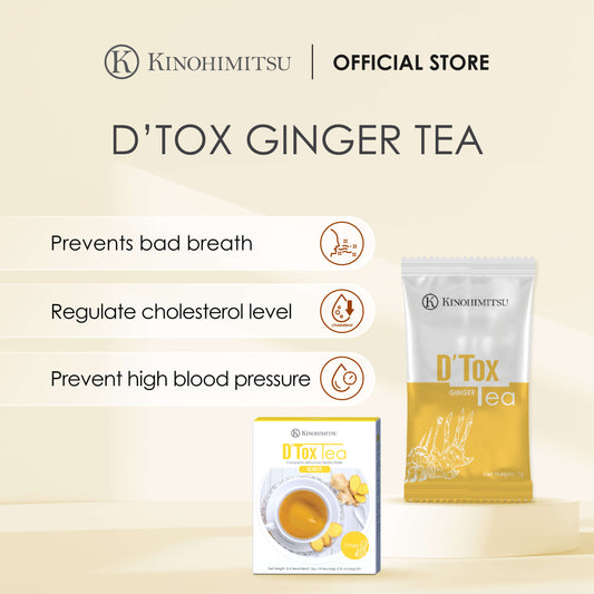 Package of Kinohimitsu D'Tox Ginger Tea featuring benefits of preventing bad breath, regulating cholesterol levels, and preventing high blood pressure, with images of a tea packet and tea cup with ginger slices.