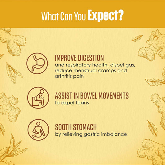 Illustration for D’tox Tea Ginger by Kinohimitsu Malaysia highlighting benefits like improving digestion, assisting in bowel movements, and soothing the stomach. Includes ginger artwork on a yellow background.