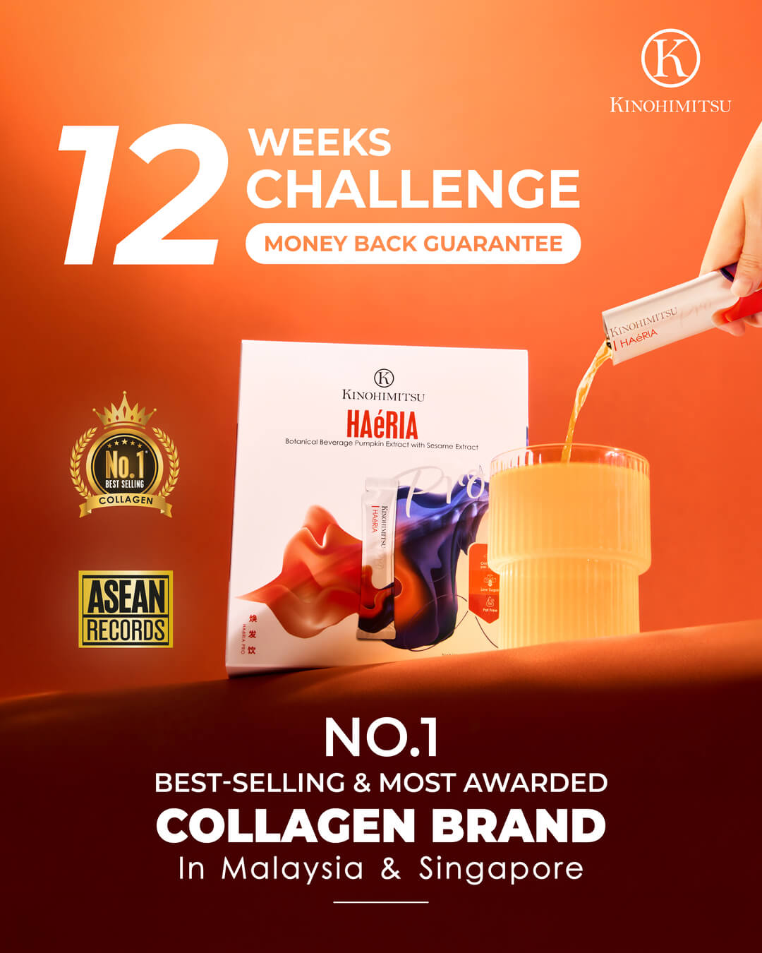 Kinohimitsu Haéria Pro best hair supplement 12 Weeks Challenge money back guarantee visual featuring ASEAN Records and No.1 collagen brand awards.
