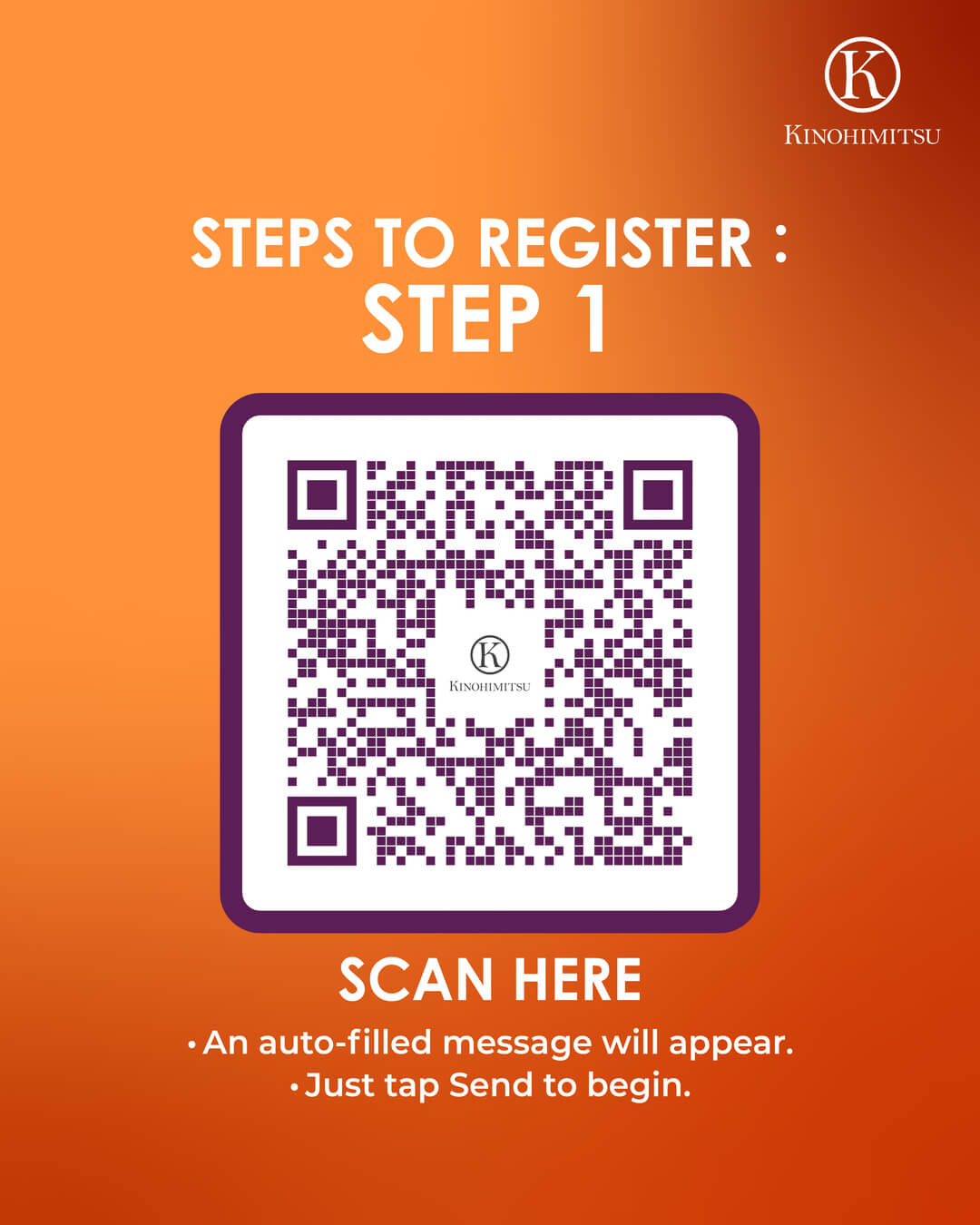 Kinohimitsu Haéria Pro 12 Weeks Challenge step 1 registration visual with QR code to scan for automatic WhatsApp registration message.