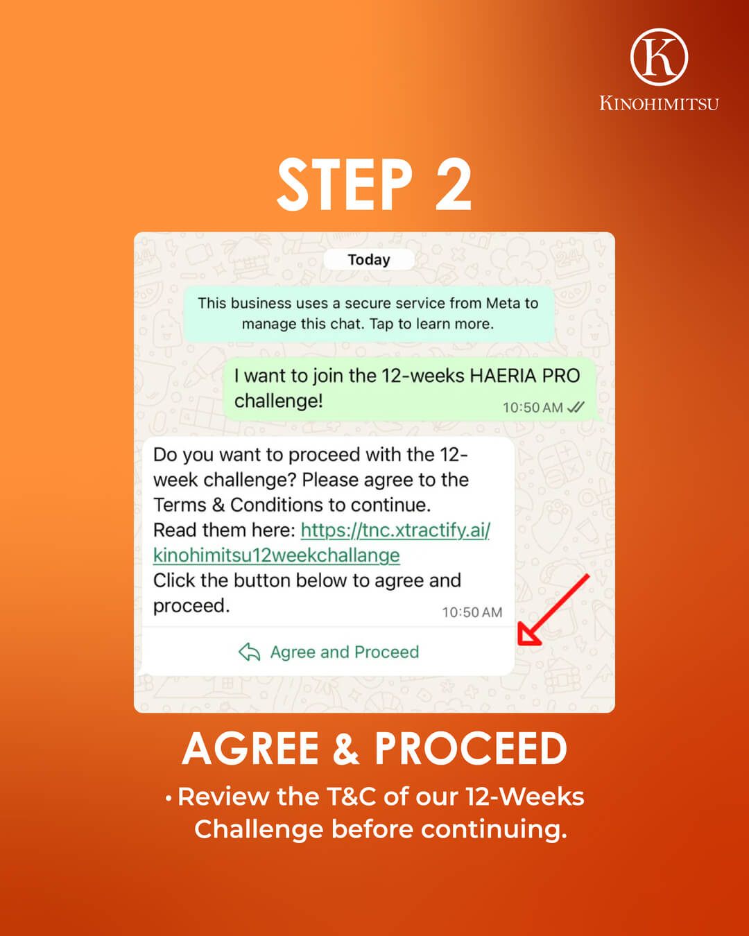Kinohimitsu Haéria Pro 12 Weeks Challenge registration step 2 visual showing WhatsApp consent message to agree and proceed with terms and conditions.