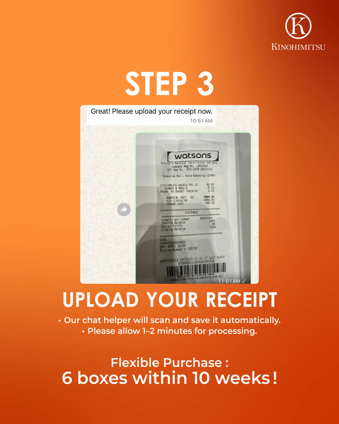 Kinohimitsu Haéria Pro 12 Weeks Challenge registration step 3 showing Watsons receipt upload requirement for 6 boxes purchase within 10 weeks.