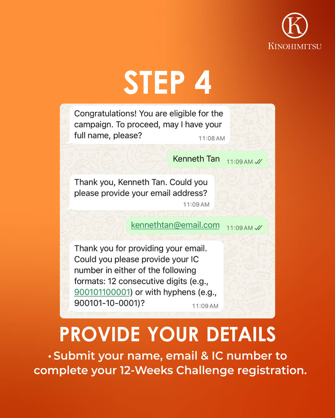 Kinohimitsu Haéria Pro 12 Weeks Challenge registration step 4 visual showing WhatsApp chat to submit name, email, and IC details for confirmation.