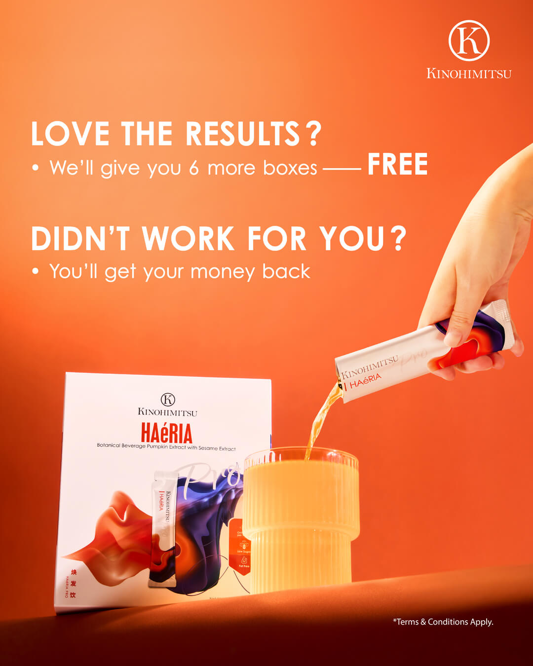 Kinohimitsu Haéria Pro best hair supplement box and sachet drink with money back guarantee promotion offering free boxes if results are loved.