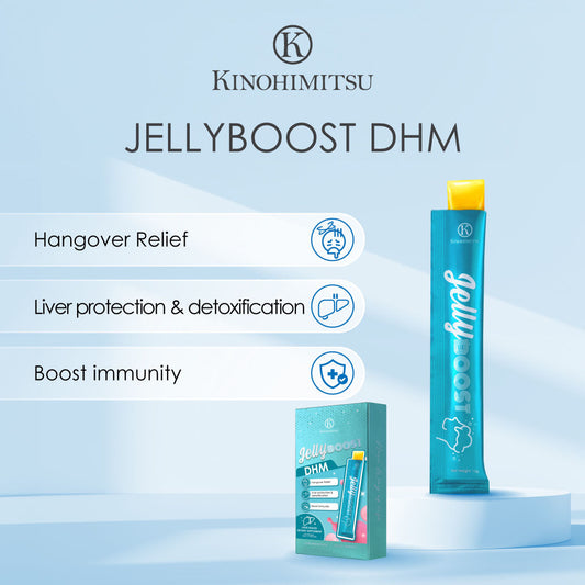 Kinohimitsu JellyBoost DHM product packaging featuring hangover relief, liver protection and detoxification, and immunity boost benefits in Malaysia.