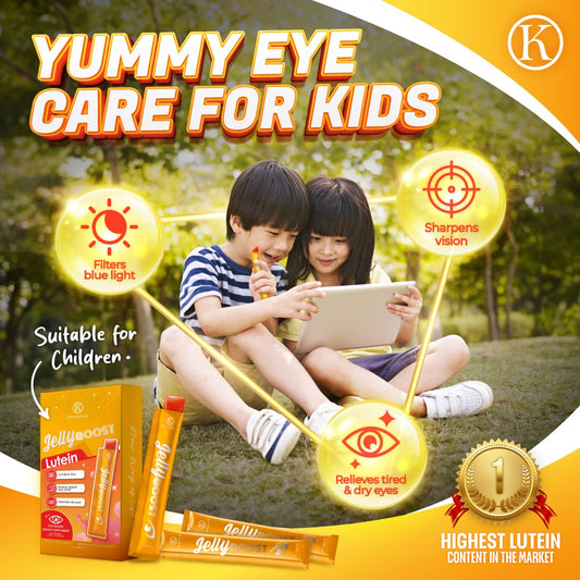 Kinohimitsu JellyBoost Lutein promotional image showing two children enjoying the jelly while using a tablet outdoors. The product highlights include filtering blue light, sharpening vision, and relieving tired and dry eyes. The design emphasizes that it is suitable for children and contains the highest lutein content in the market, with the product packaging and jelly sachets displayed at the bottom.