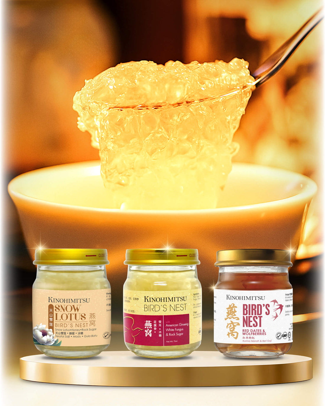Kinohimitsu Bird’s Nest range — Snow Lotus, American Ginseng, and Red Dates with Wolfberries. Premium nourishment for beauty, immunity, and vitality.