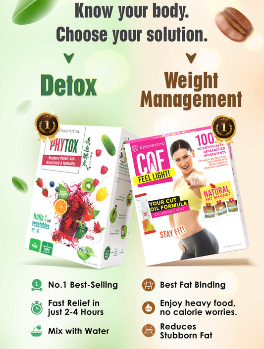 Kinohimitsu Phytox and COF infographic showing best-selling detox drink and natural fat binding formula for cleansing, fat reduction, and digestive support.