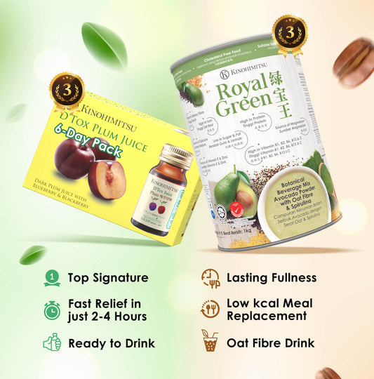 Kinohimitsu D’Tox Plum Juice with instant relief and Royal Green oat fibre drink for lasting fullness, detox, and low-calorie meal replacement.