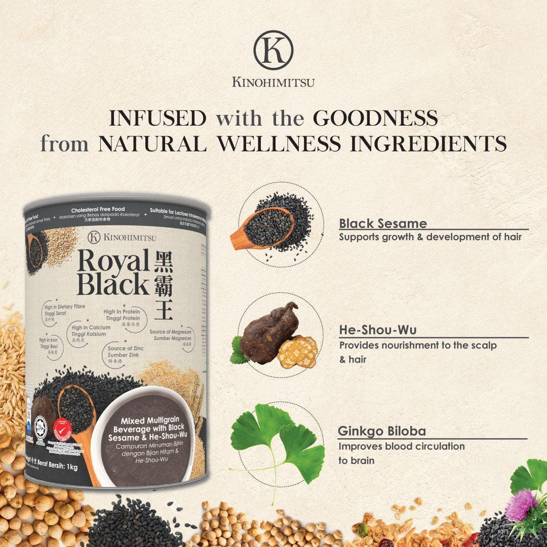 Kinohimitsu Royal Black can with featured natural ingredients: Black Sesame for hair growth, He Shou Wu for nourishment, and Ginkgo Biloba for improved circulation.