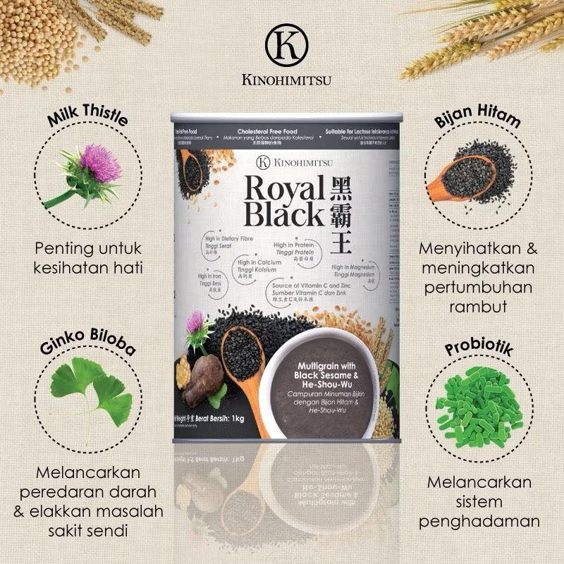 Kinohimitsu Royal Black product with ingredient highlights – Milk Thistle for liver health, Ginkgo Biloba for circulation, Black Sesame for hair growth, and Probiotics for digestion support.