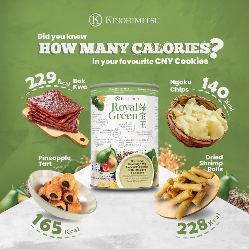 Kinohimitsu Royal Green 88 kcal per serving compared to festive snacks like bak kwa, pineapple tarts, shrimp rolls, and ngaku chips.