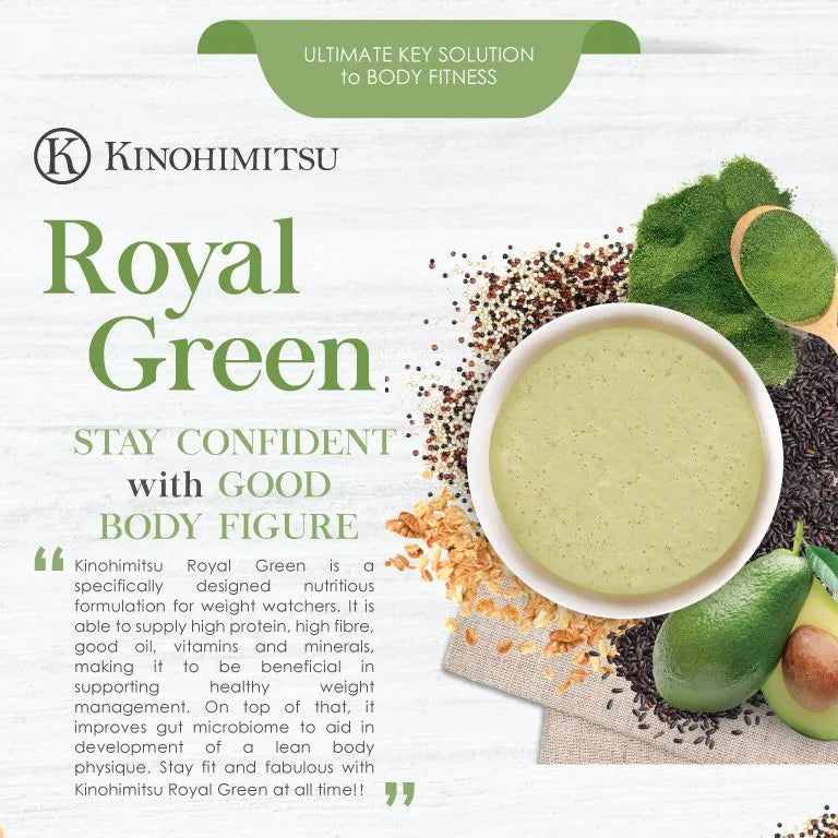 Kinohimitsu Royal Green plant-based nutrition supports weight management, lean body shape, and overall wellness with superfoods