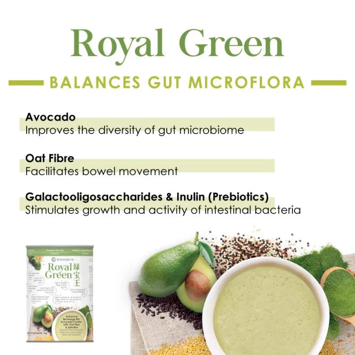 Kinohimitsu Royal Green with avocado, oat fibre, and prebiotics to balance gut microflora, support digestion, and improve gut health.