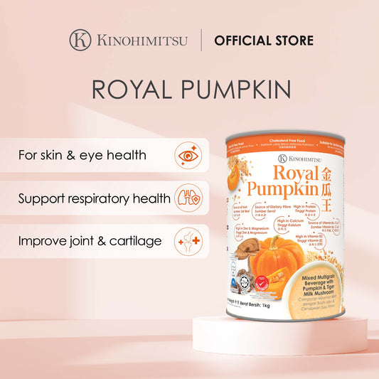 Kinohimitsu Royal Pumpkin Mixed Multigrain Beverage with Pumpkin and Tiger Milk Mushroom on a minimalist background. The packaging highlights features such as being a source of dietary fiber, high in protein, calcium, vitamins, and minerals.