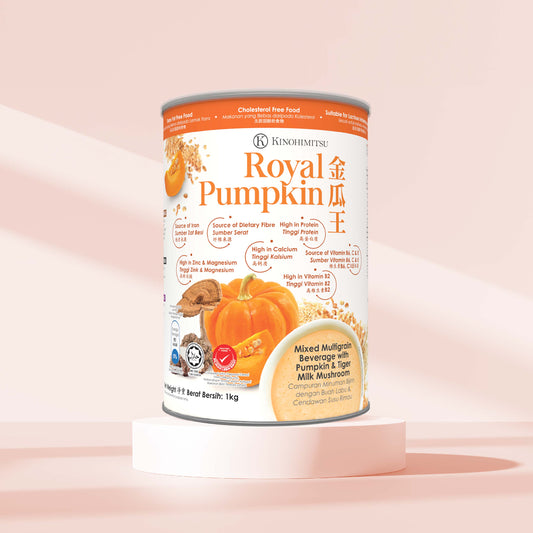 Kinohimitsu Royal Pumpkin Mixed Multigrain Beverage with Pumpkin and Tiger Milk Mushroom on a minimalist background. The packaging highlights features such as being a source of dietary fiber, high in protein, calcium, vitamins, and minerals.