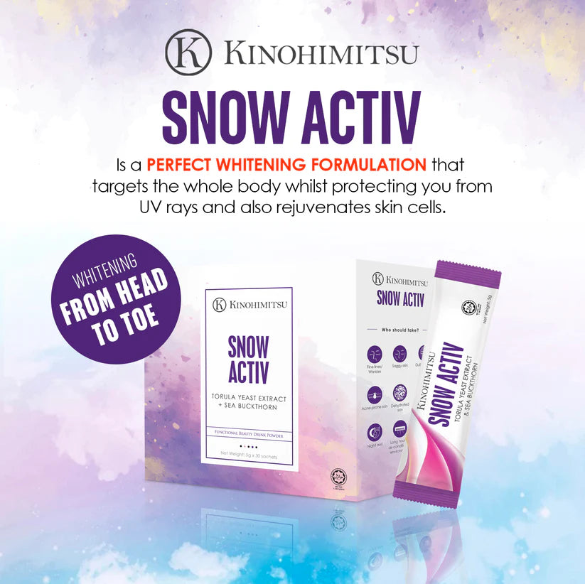 Kinohimitsu Snow Activ product packaging displayed against a soft, colorful backdrop. The image highlights Snow Activ as a whitening formulation with Torula Yeast Extract and Sea Buckthorn, designed to protect from UV rays and rejuvenate skin cells, promoting whitening from head to toe.