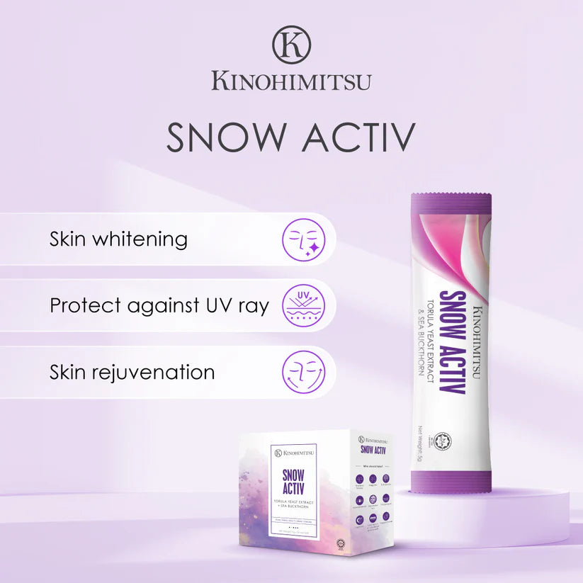 Kinohimitsu Snow Activ product packaging featuring a stick pouch and box, highlighting benefits such as skin whitening, UV ray protection, and skin rejuvenation.