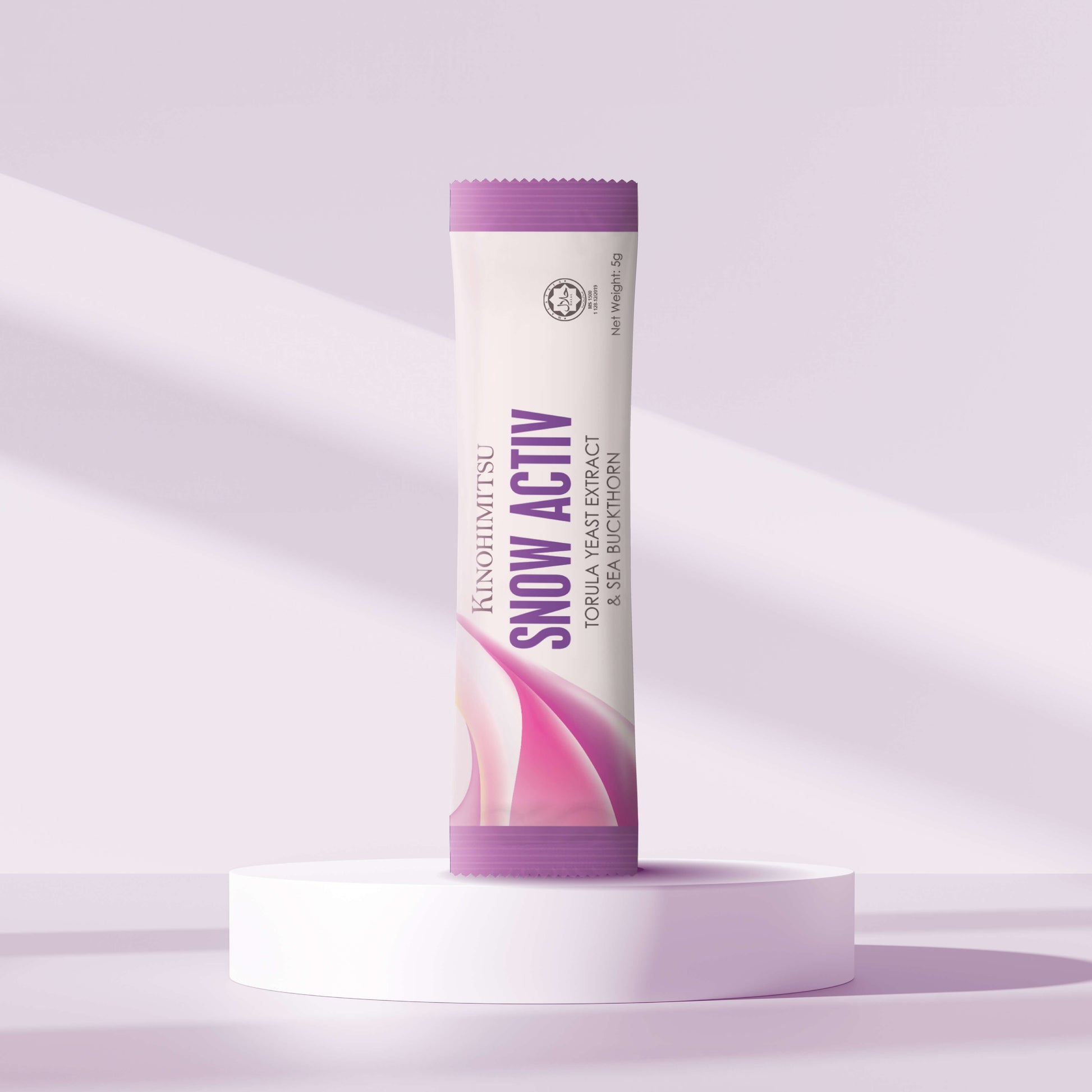 Kinohimitsu Snow Activ sachet with purple and white packaging featuring Torula Yeast Extract and Sea Buckthorn.
